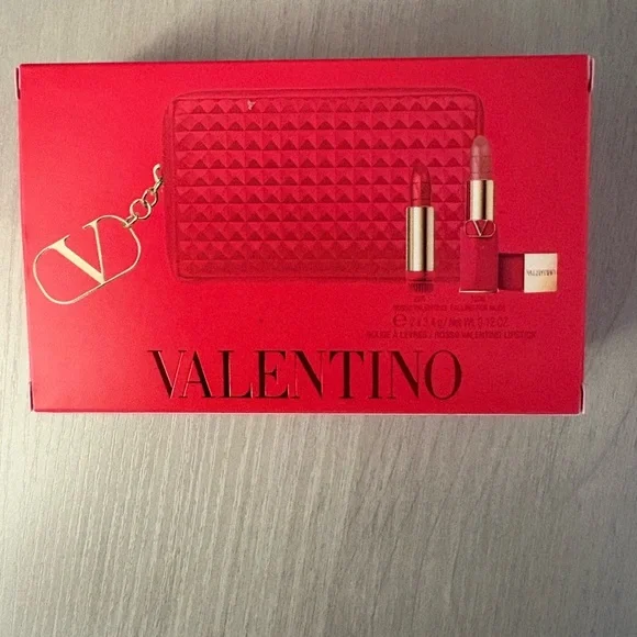 NWT Valentino Red Geometric Cosmetic Bag with two long lasting lipsticks